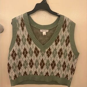 Babaton Sage Green Argyle Sweater Vest with Brown and Cream Diamonds
